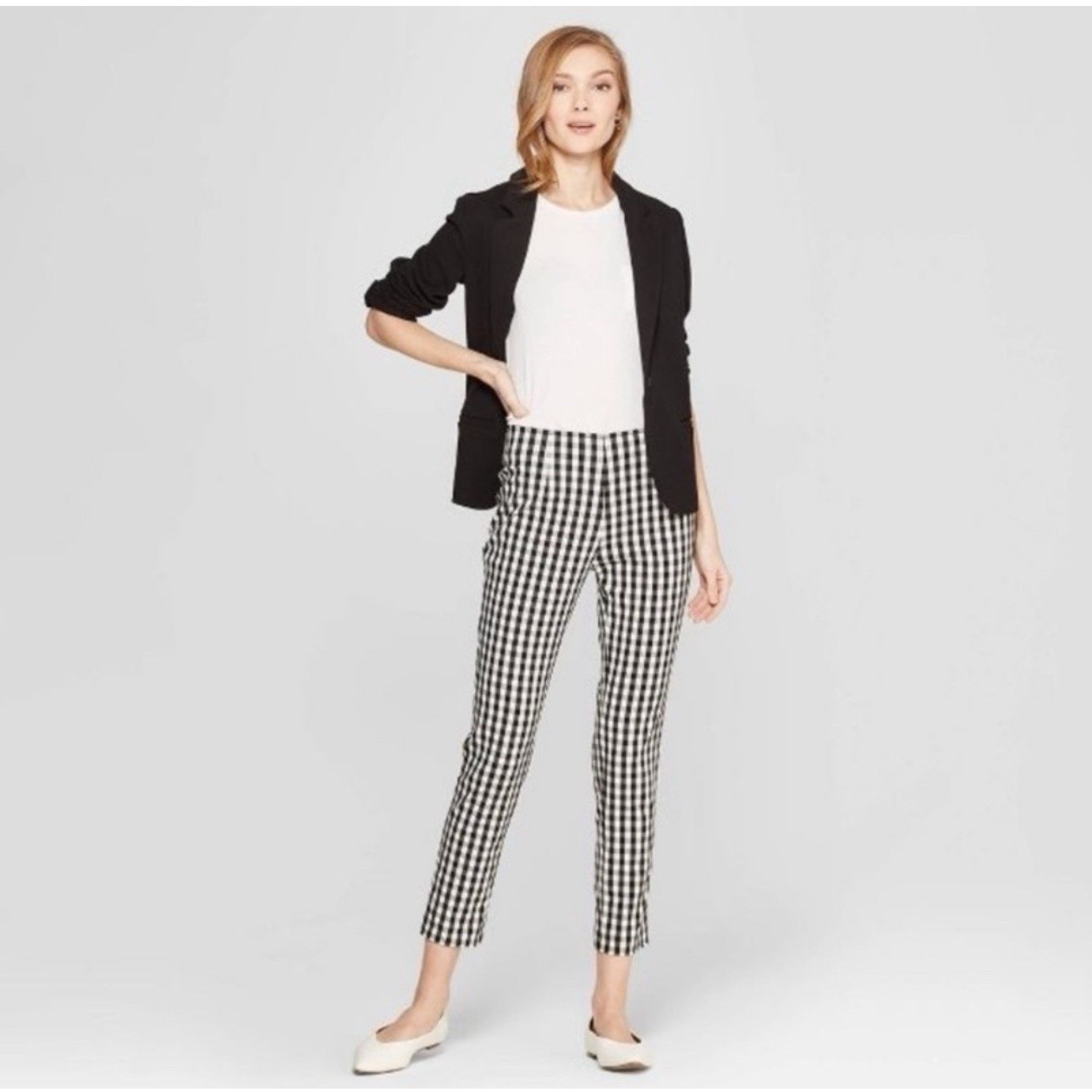 A New Day Pull-On Pants 16 Black White Gingham Stretch Ankle Crop Career Casual